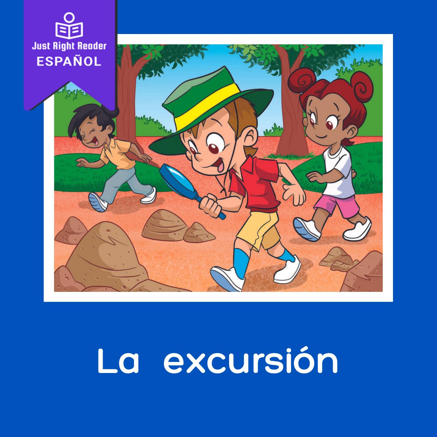 Book cover with a drawing of 3 kids with a magnifying glass walking around
